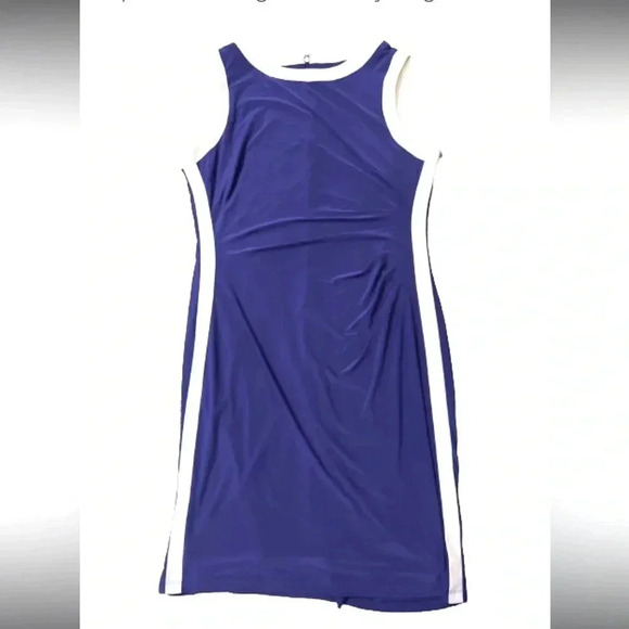 CHAPS DRESS STRAIGHT MIDI PURPLE & WHITE CINCHED WAIST SLEEVELESS STRETCH LARGE - Picture 3 of 5